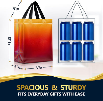 Medium Yellow to Red Rise Gift Bags, 8 x 4 x 10, Set of 12 | Reusable party favor bags with reinforced handles and sturdy cardboard bases. For medium gifts, events and special occasions.