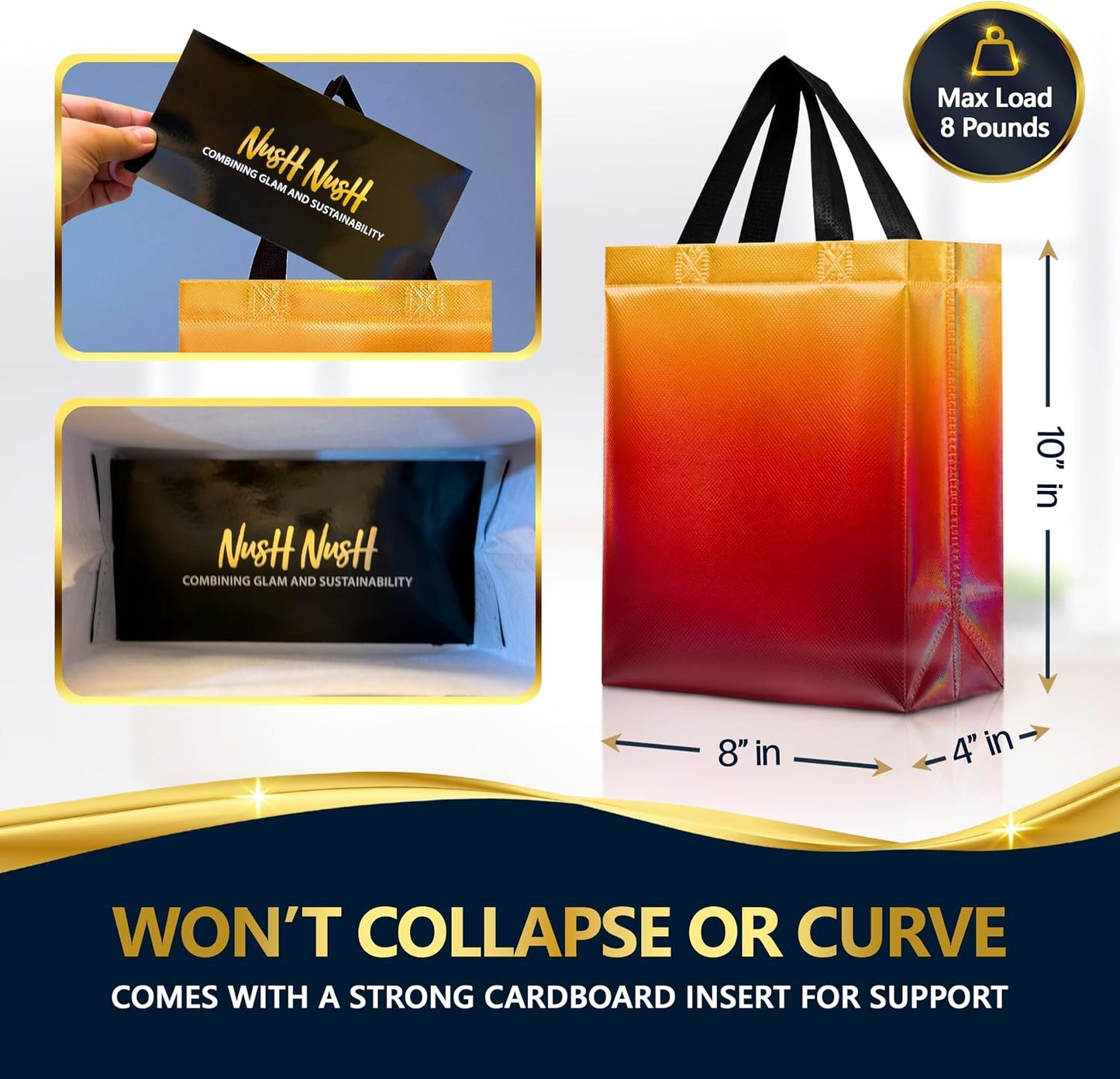 Medium Yellow to Red Rise Gift Bags, 8 x 4 x 10, Set of 12 | Reusable party favor bags with reinforced handles and sturdy cardboard bases. For medium gifts, events and special occasions.