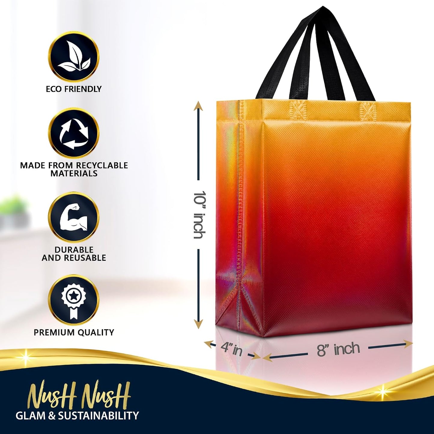 Medium Yellow to Red Rise Gift Bags, 8 x 4 x 10, Set of 12 | Reusable party favor bags with reinforced handles and sturdy cardboard bases. For medium gifts, events and special occasions.
