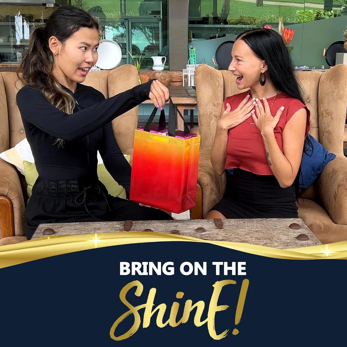Medium Yellow to Red Rise Gift Bags, 8 x 4 x 10, Set of 12 | Reusable party favor bags with reinforced handles and sturdy cardboard bases. For medium gifts, events and special occasions.