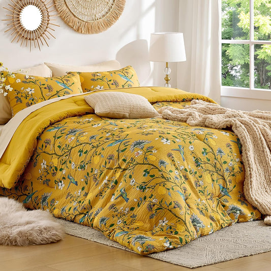 Bedding King Size Comforter Set 3 Pieces,Yellow Vintage Botanical Floral Pattern Bed Comforter Sets,Boho Whimsical Modern Printed Design Cute Seersucker Bedroom Comforter and Shams