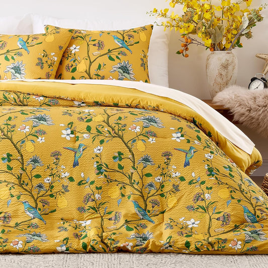 Bedding King Size Comforter Set 3 Pieces,Yellow Vintage Botanical Floral Pattern Bed Comforter Sets,Boho Whimsical Modern Printed Design Cute Seersucker Bedroom Comforter and Shams
