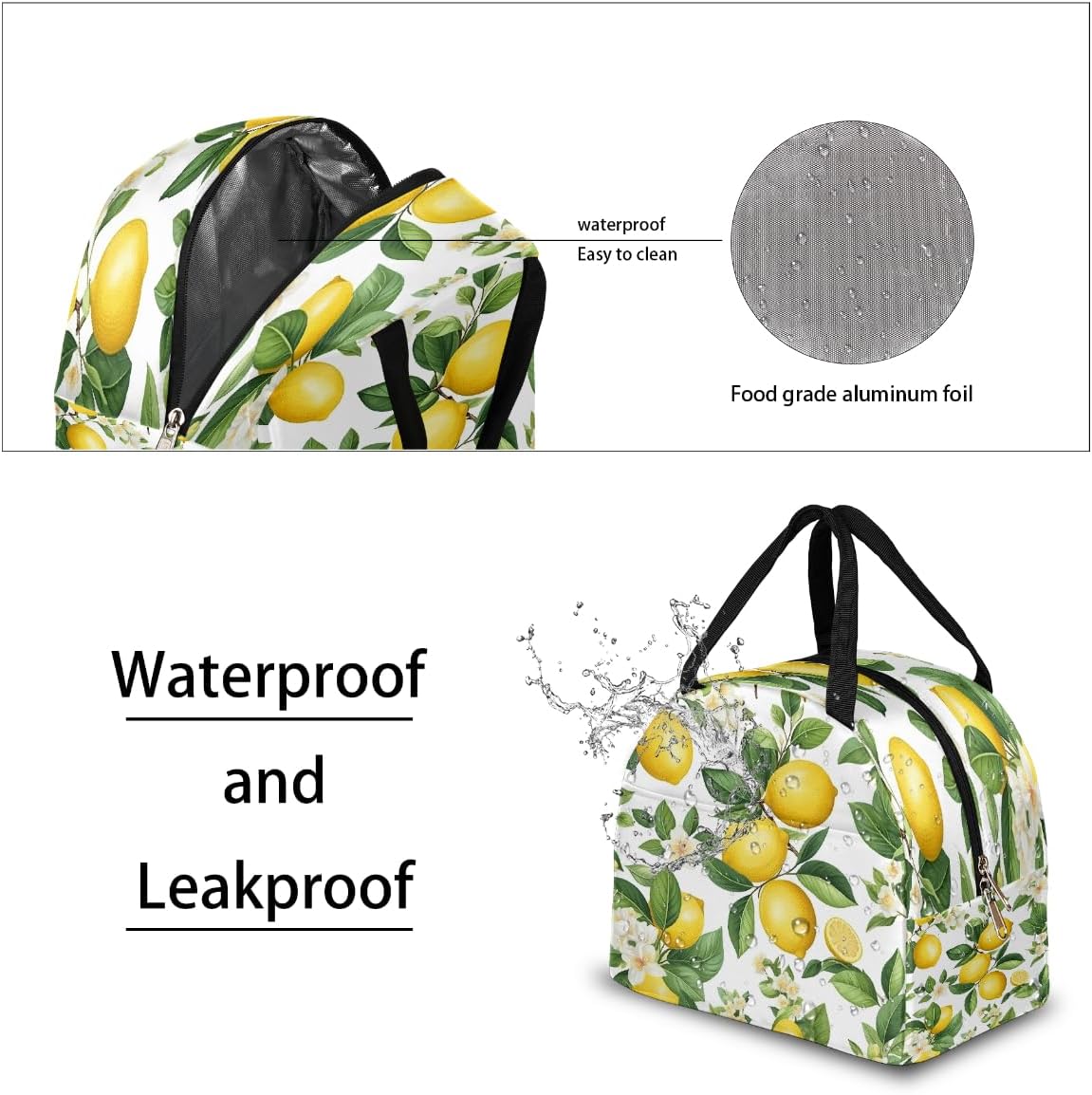 Insulated Lunch Box for Adults, Cute Lemons Flower Leaves Large Capacity Cooler Tote, Leakproof Thermal Lunchbox for Picnic, Travel & Outdoor Activities