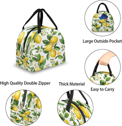 Insulated Lunch Box for Adults, Cute Lemons Flower Leaves Large Capacity Cooler Tote, Leakproof Thermal Lunchbox for Picnic, Travel & Outdoor Activities