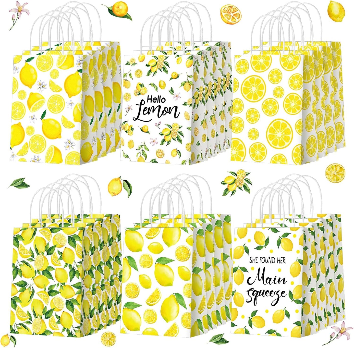 24 Pcs Lemon Gift Bags Small Yellow Lemon Party Favor Bags Summer Fruit Paper Goodie Bag with Handle Treat Candy Bag for Baby Shower Wedding Birthday Summer Party, 5.91 x 3.15 x 8.27 Inch