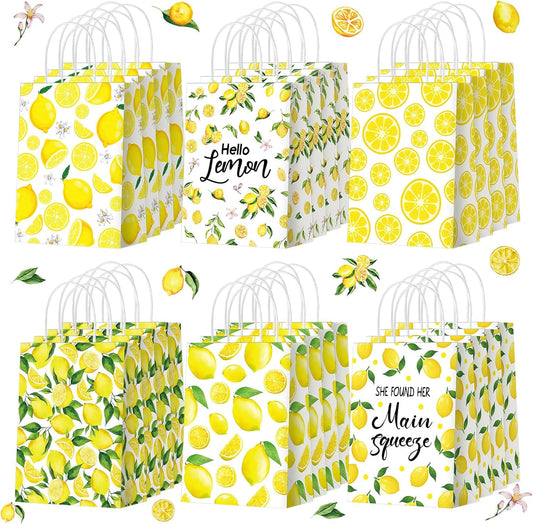 24 Pcs Lemon Gift Bags Small Yellow Lemon Party Favor Bags Summer Fruit Paper Goodie Bag with Handle Treat Candy Bag for Baby Shower Wedding Birthday Summer Party, 5.91 x 3.15 x 8.27 Inch