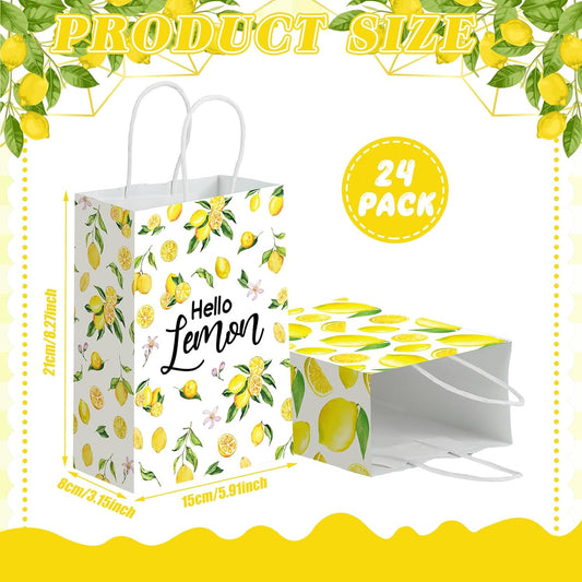 24 Pcs Lemon Gift Bags Small Yellow Lemon Party Favor Bags Summer Fruit Paper Goodie Bag with Handle Treat Candy Bag for Baby Shower Wedding Birthday Summer Party, 5.91 x 3.15 x 8.27 Inch