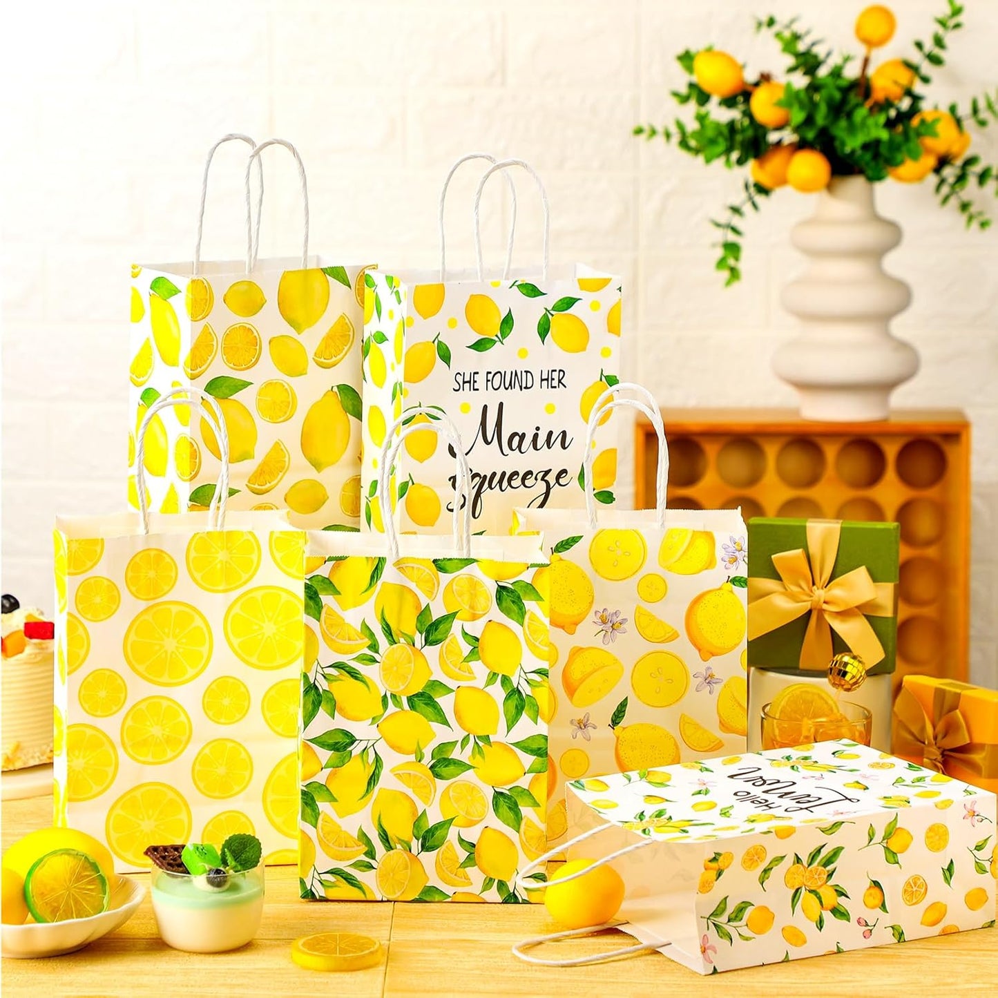 24 Pcs Lemon Gift Bags Small Yellow Lemon Party Favor Bags Summer Fruit Paper Goodie Bag with Handle Treat Candy Bag for Baby Shower Wedding Birthday Summer Party, 5.91 x 3.15 x 8.27 Inch