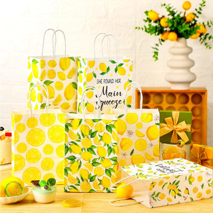 24 Pcs Lemon Gift Bags Small Yellow Lemon Party Favor Bags Summer Fruit Paper Goodie Bag with Handle Treat Candy Bag for Baby Shower Wedding Birthday Summer Party, 5.91 x 3.15 x 8.27 Inch
