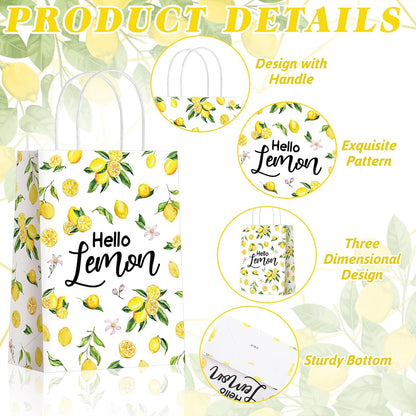24 Pcs Lemon Gift Bags Small Yellow Lemon Party Favor Bags Summer Fruit Paper Goodie Bag with Handle Treat Candy Bag for Baby Shower Wedding Birthday Summer Party, 5.91 x 3.15 x 8.27 Inch