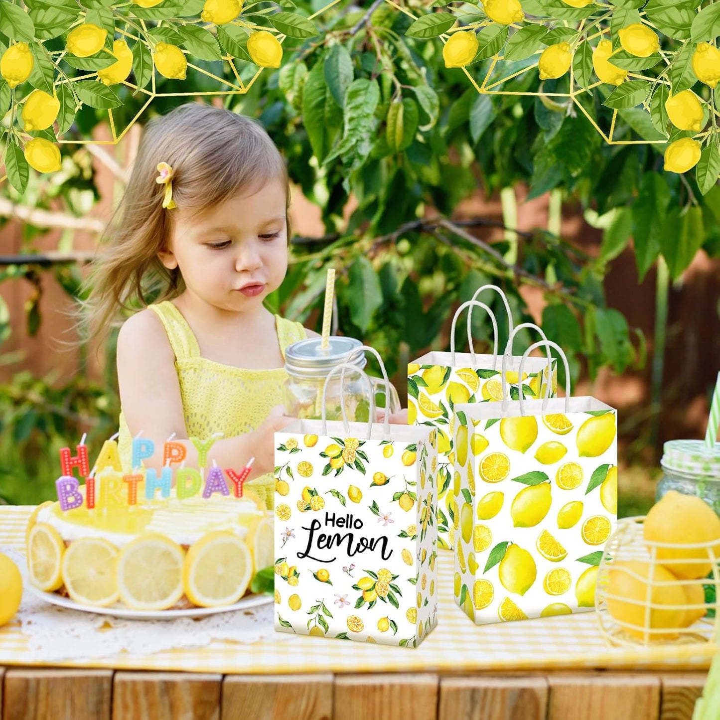 24 Pcs Lemon Gift Bags Small Yellow Lemon Party Favor Bags Summer Fruit Paper Goodie Bag with Handle Treat Candy Bag for Baby Shower Wedding Birthday Summer Party, 5.91 x 3.15 x 8.27 Inch