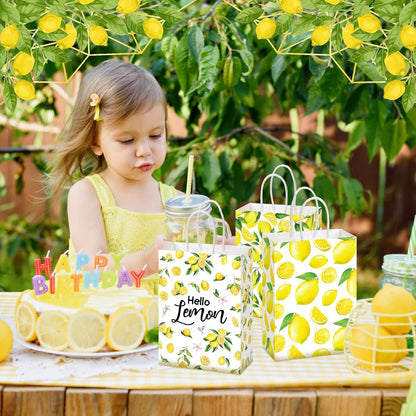 24 Pcs Lemon Gift Bags Small Yellow Lemon Party Favor Bags Summer Fruit Paper Goodie Bag with Handle Treat Candy Bag for Baby Shower Wedding Birthday Summer Party, 5.91 x 3.15 x 8.27 Inch