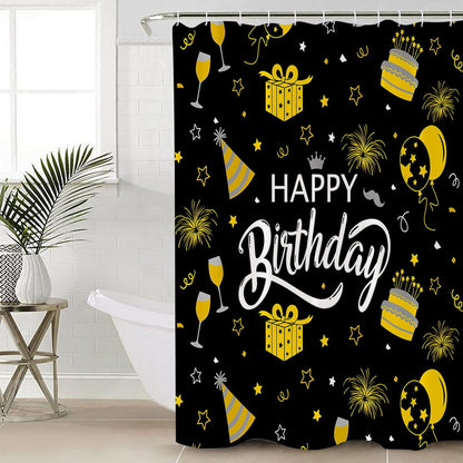 Happy Birthday Waterproof Shower Curtains Set - Stall 54 x 78 Inch, Yellow Celebration Black Backdrop Polyester Fabric Bathroom Curtain with 12 Hooks, Bathroom Accessories, 1 Panel