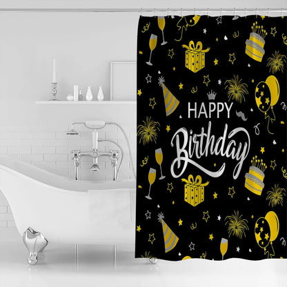 Happy Birthday Waterproof Shower Curtains Set - Stall 54 x 78 Inch, Yellow Celebration Black Backdrop Polyester Fabric Bathroom Curtain with 12 Hooks, Bathroom Accessories, 1 Panel