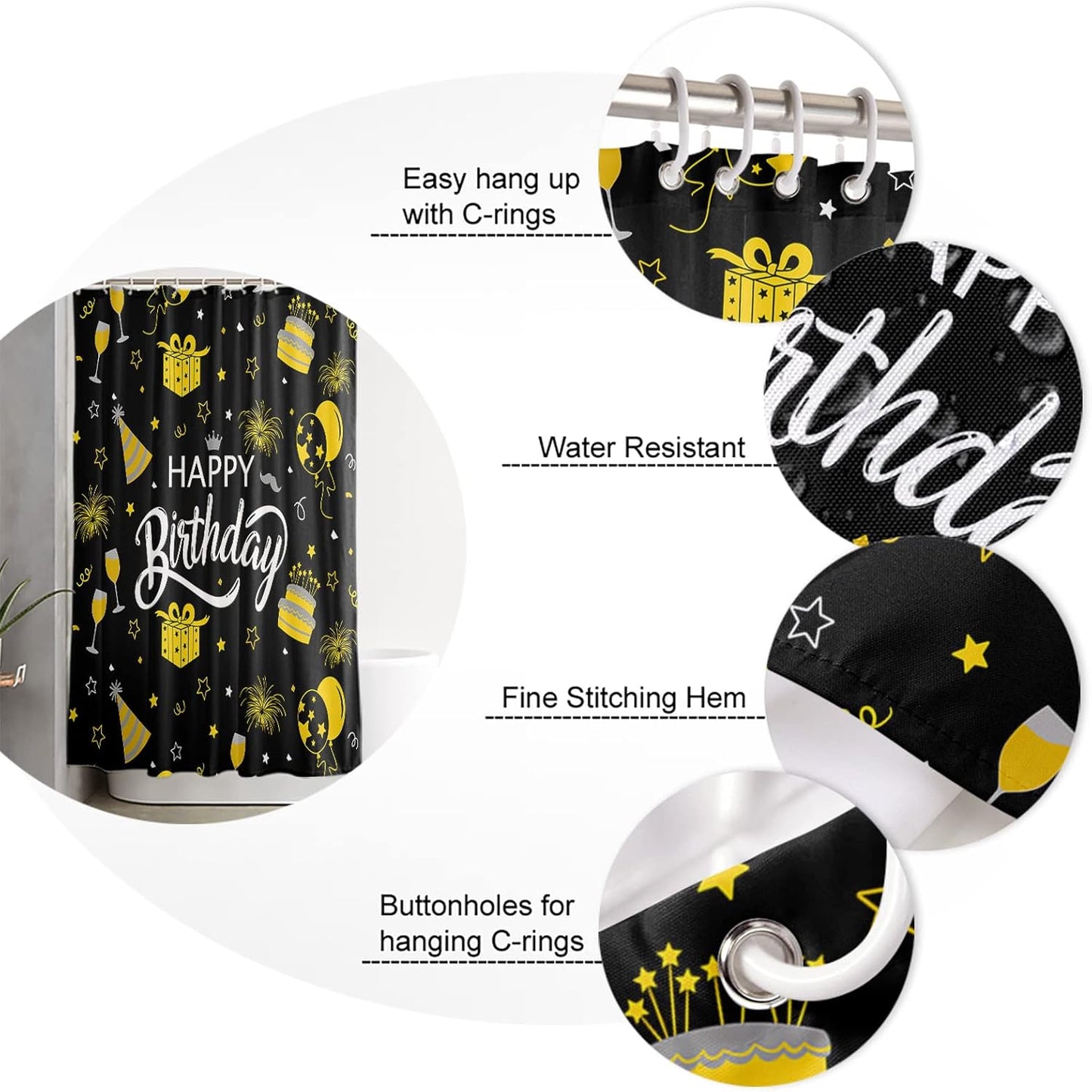 Happy Birthday Waterproof Shower Curtains Set - Stall 54 x 78 Inch, Yellow Celebration Black Backdrop Polyester Fabric Bathroom Curtain with 12 Hooks, Bathroom Accessories, 1 Panel