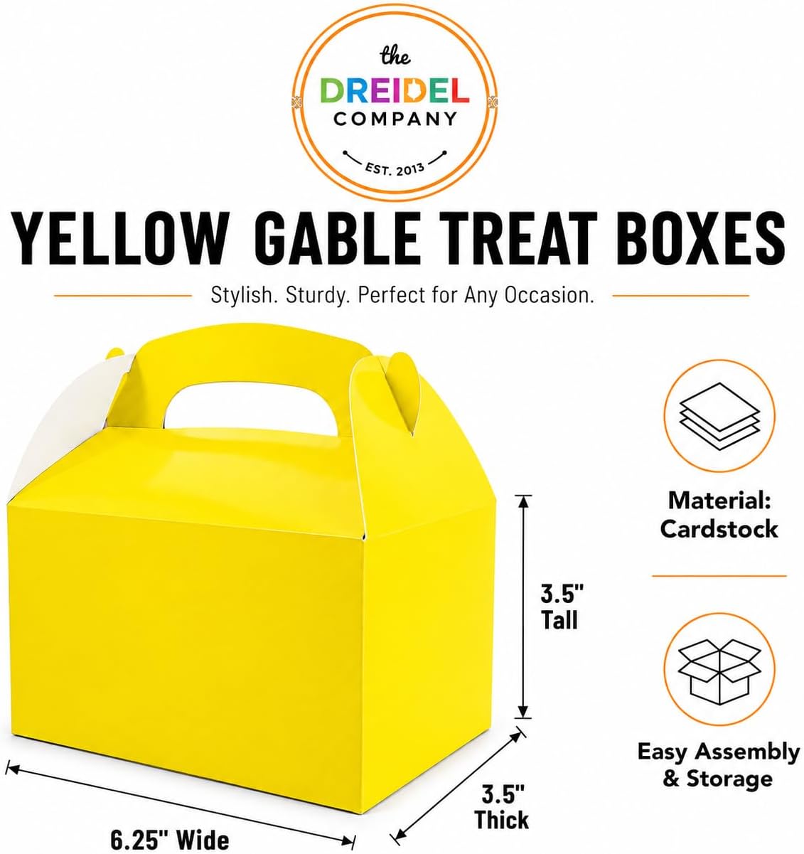 Gable Treat Boxes, Party Favors, 6.25" x 3.5" x 3.5" Inch Box, 25-Pack (Yellow)