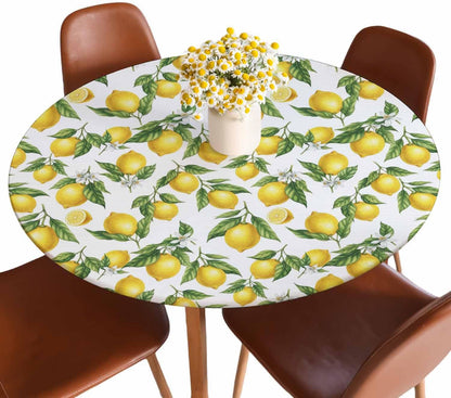 Lemon Round Fitted Tablecloth Branches Flowers Sour Fruit Watercolor Elastic Edge Tablecloth Waterproof Oilcloth Table Cover for 40"-44"
