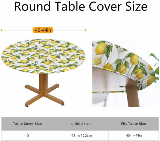 Lemon Round Fitted Tablecloth Branches Flowers Sour Fruit Watercolor Elastic Edge Tablecloth Waterproof Oilcloth Table Cover for 40"-44"