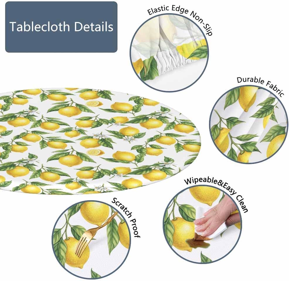 Lemon Round Fitted Tablecloth Branches Flowers Sour Fruit Watercolor Elastic Edge Tablecloth Waterproof Oilcloth Table Cover for 40"-44"