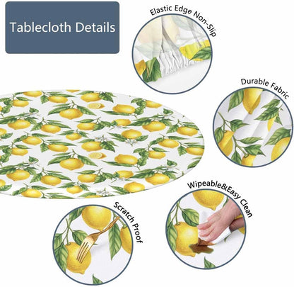 Lemon Round Fitted Tablecloth Branches Flowers Sour Fruit Watercolor Elastic Edge Tablecloth Waterproof Oilcloth Table Cover for 40"-44"