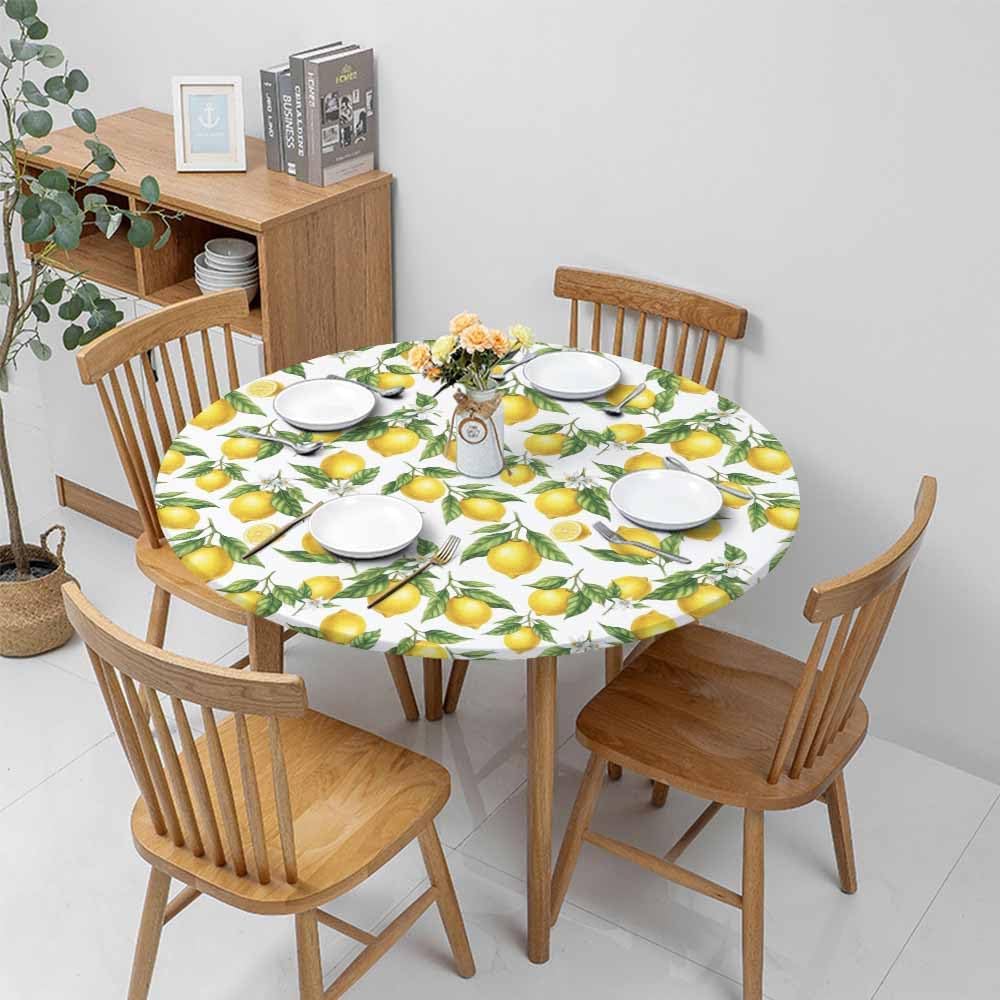 Lemon Round Fitted Tablecloth Branches Flowers Sour Fruit Watercolor Elastic Edge Tablecloth Waterproof Oilcloth Table Cover for 40"-44"