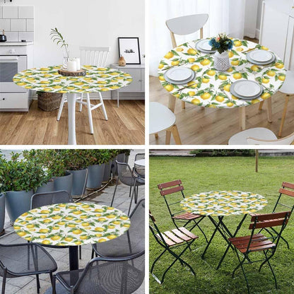 Lemon Round Fitted Tablecloth Branches Flowers Sour Fruit Watercolor Elastic Edge Tablecloth Waterproof Oilcloth Table Cover for 40"-44"