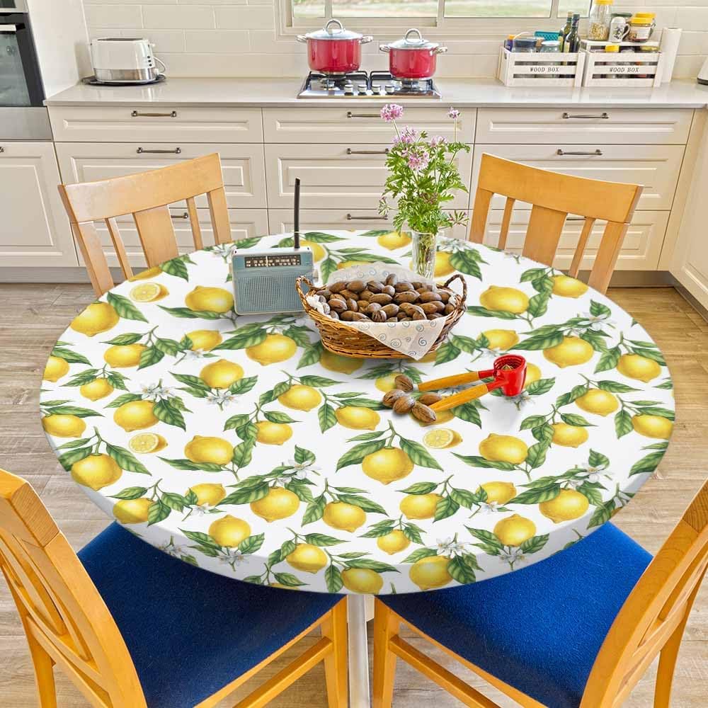 Lemon Round Fitted Tablecloth Branches Flowers Sour Fruit Watercolor Elastic Edge Tablecloth Waterproof Oilcloth Table Cover for 40"-44"
