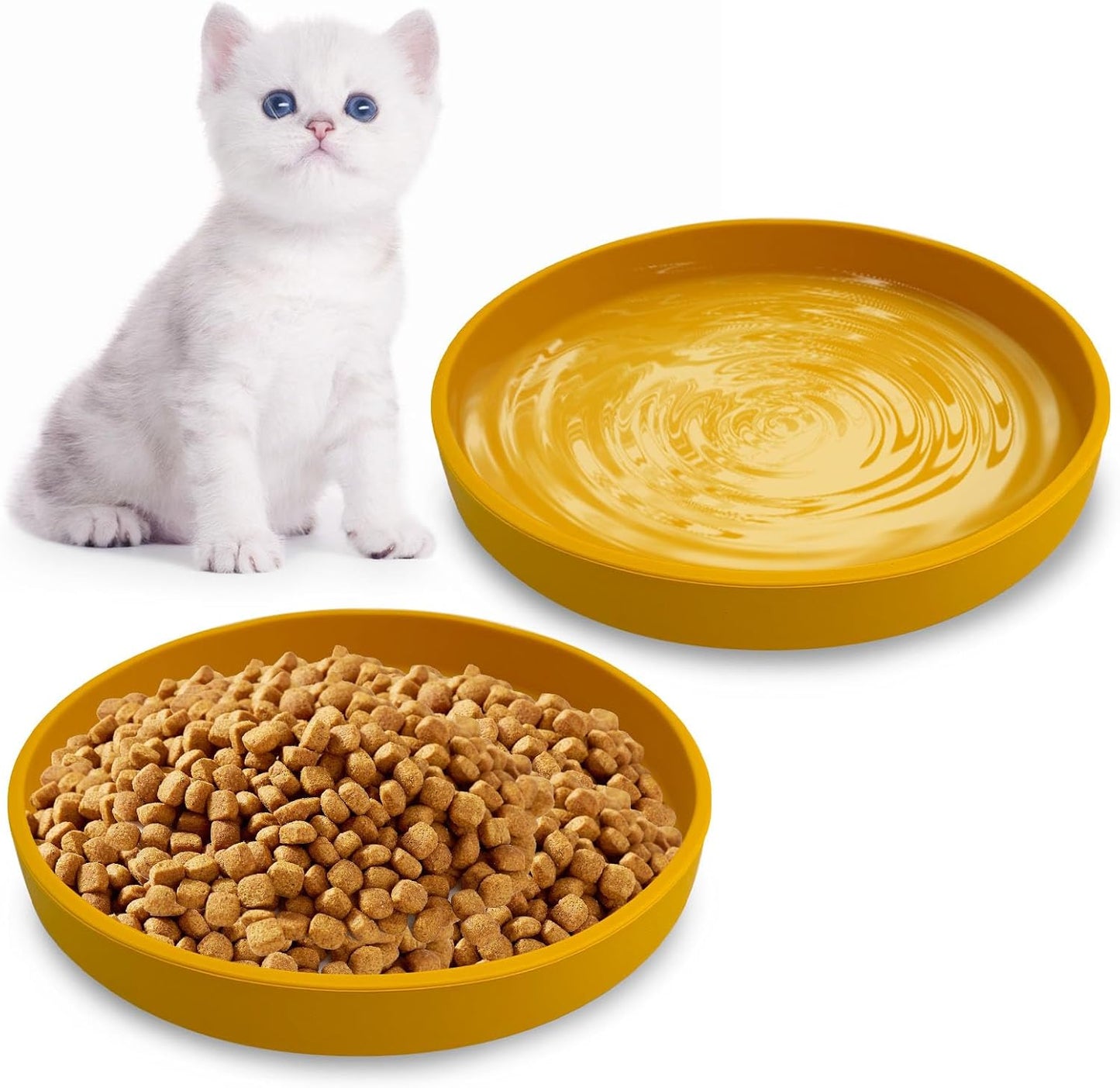 Silicone Cat Food Bowls Shallow Cat Dishes 5.9in Wide Pet Plates Set of 2 Small Flat Dog Saucer Bowl Cute Whisker Fatigue Kitten Feeding Dish for Dry Food & Wet Food (Round Yellow)
