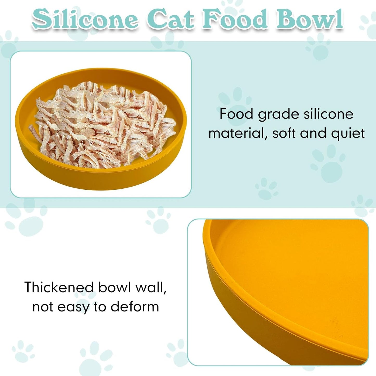 Silicone Cat Food Bowls Shallow Cat Dishes 5.9in Wide Pet Plates Set of 2 Small Flat Dog Saucer Bowl Cute Whisker Fatigue Kitten Feeding Dish for Dry Food & Wet Food (Round Yellow)