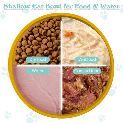Silicone Cat Food Bowls Shallow Cat Dishes 5.9in Wide Pet Plates Set of 2 Small Flat Dog Saucer Bowl Cute Whisker Fatigue Kitten Feeding Dish for Dry Food & Wet Food (Round Yellow)
