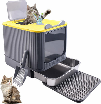 Stainless Steel Cat Litter Box Enclosed, Small, Dual Entry, Pull-Out Tray | Yellow, Small 17.5" x 13.5" x 14.7" enclosed litter box with stainless steel drawer tray, dual entry, mat, and scoop.