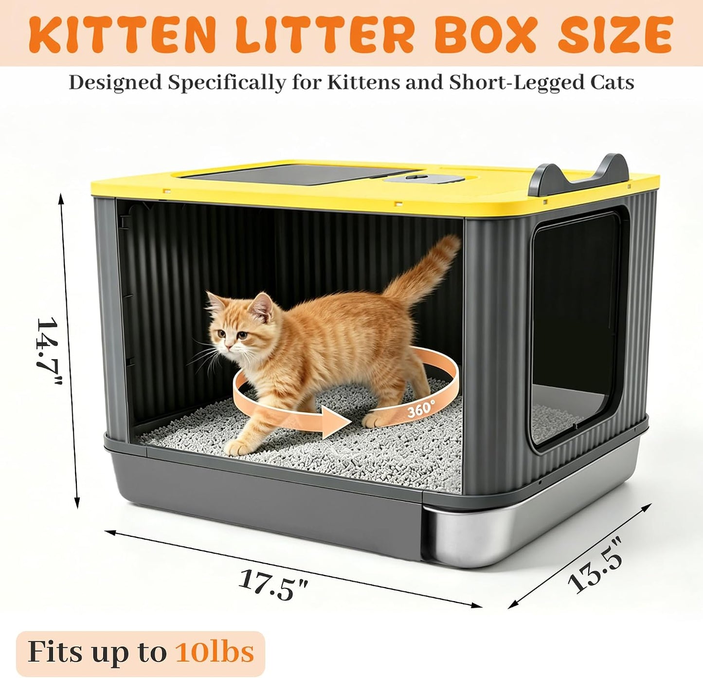 Stainless Steel Cat Litter Box Enclosed, Small, Dual Entry, Pull-Out Tray | Yellow, Small 17.5" x 13.5" x 14.7" enclosed litter box with stainless steel drawer tray, dual entry, mat, and scoop.
