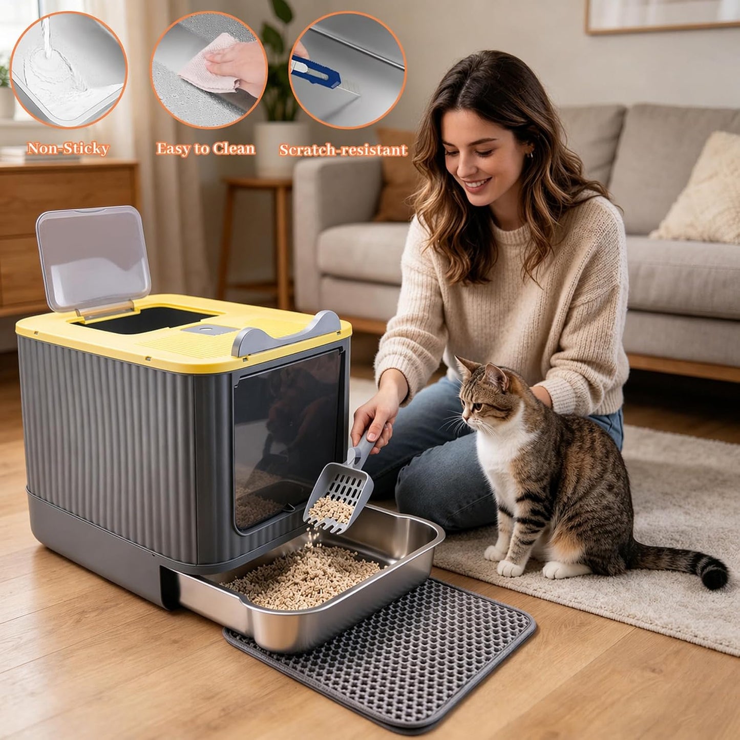 Stainless Steel Cat Litter Box Enclosed, Small, Dual Entry, Pull-Out Tray | Yellow, Small 17.5" x 13.5" x 14.7" enclosed litter box with stainless steel drawer tray, dual entry, mat, and scoop.