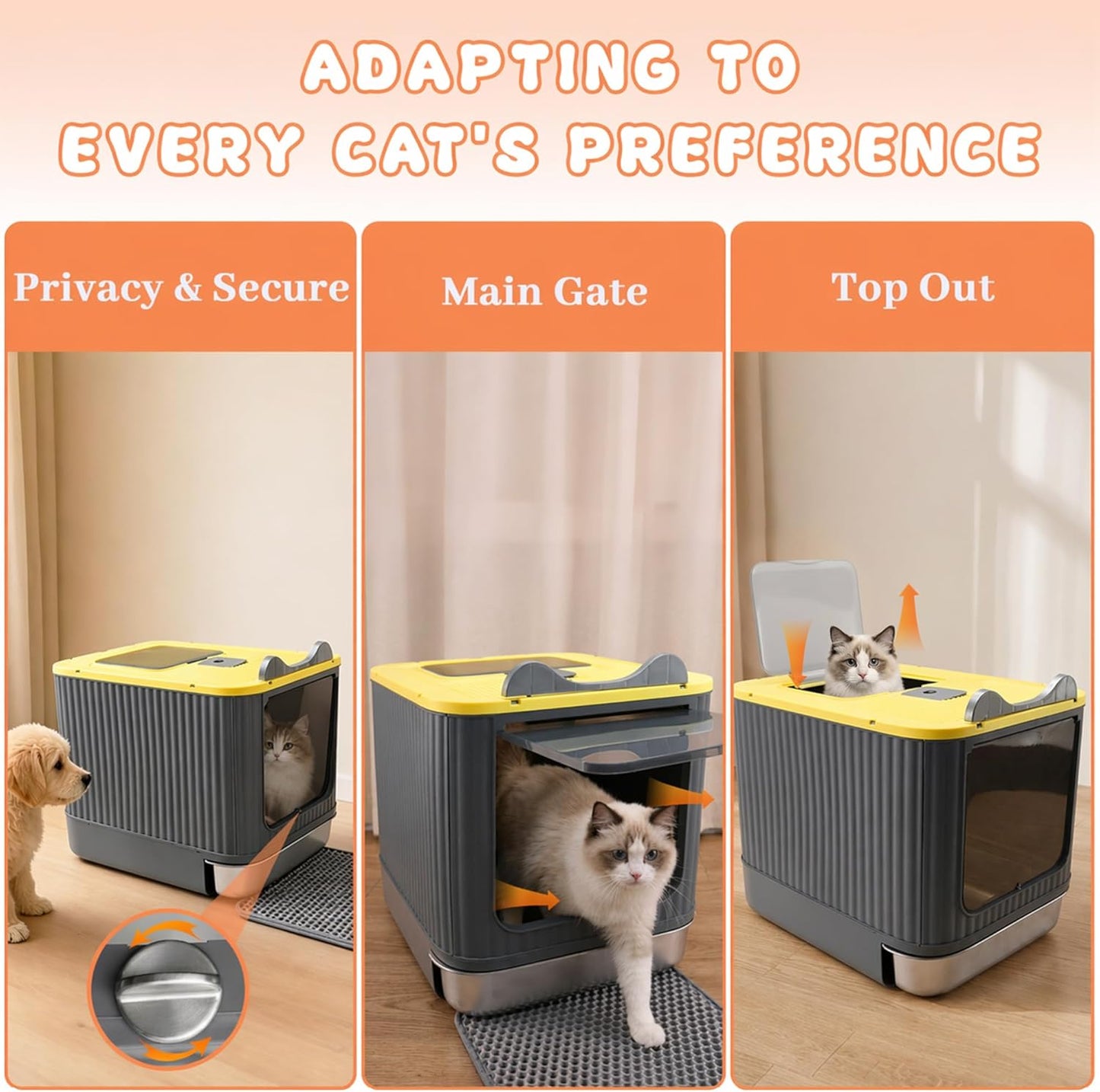 Stainless Steel Cat Litter Box Enclosed, Small, Dual Entry, Pull-Out Tray | Yellow, Small 17.5" x 13.5" x 14.7" enclosed litter box with stainless steel drawer tray, dual entry, mat, and scoop.