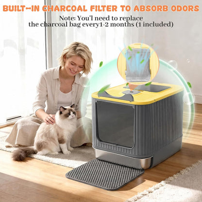Stainless Steel Cat Litter Box Enclosed, Small, Dual Entry, Pull-Out Tray | Yellow, Small 17.5" x 13.5" x 14.7" enclosed litter box with stainless steel drawer tray, dual entry, mat, and scoop.