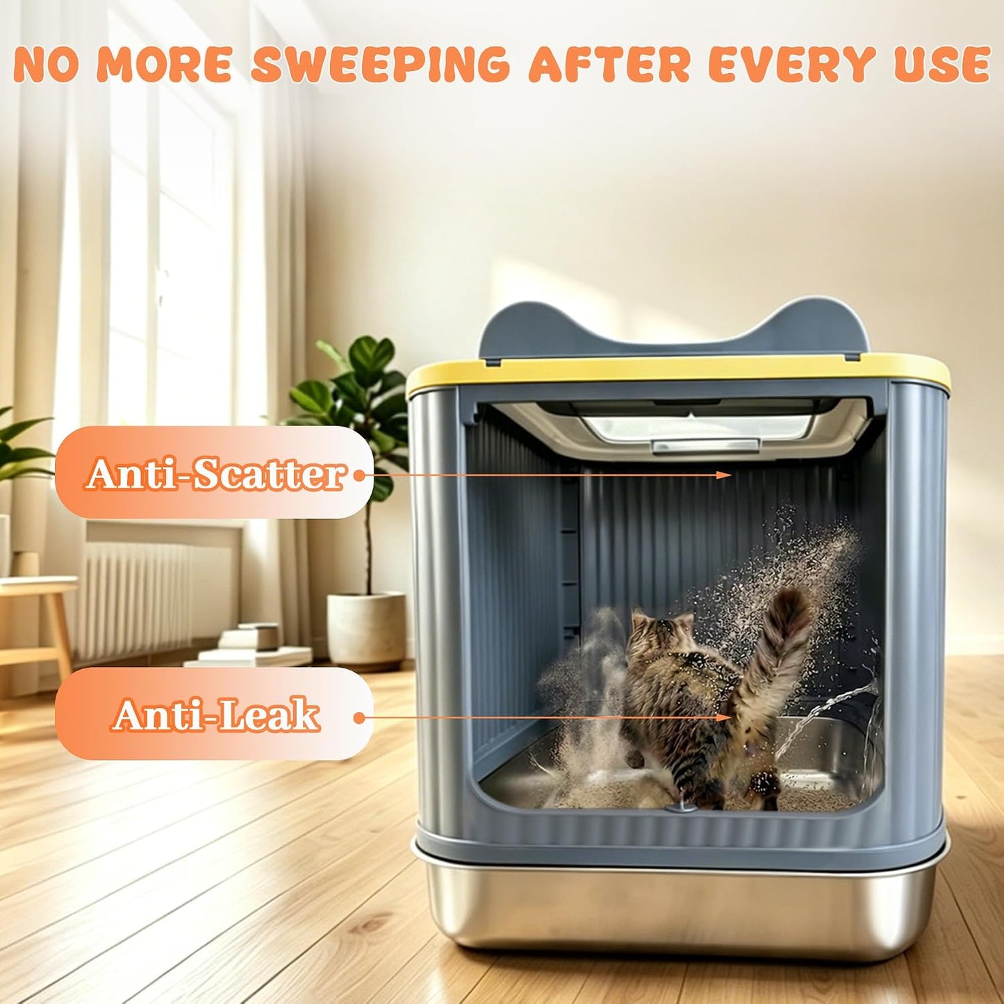 Stainless Steel Cat Litter Box Enclosed, Small, Dual Entry, Pull-Out Tray | Yellow, Small 17.5" x 13.5" x 14.7" enclosed litter box with stainless steel drawer tray, dual entry, mat, and scoop.