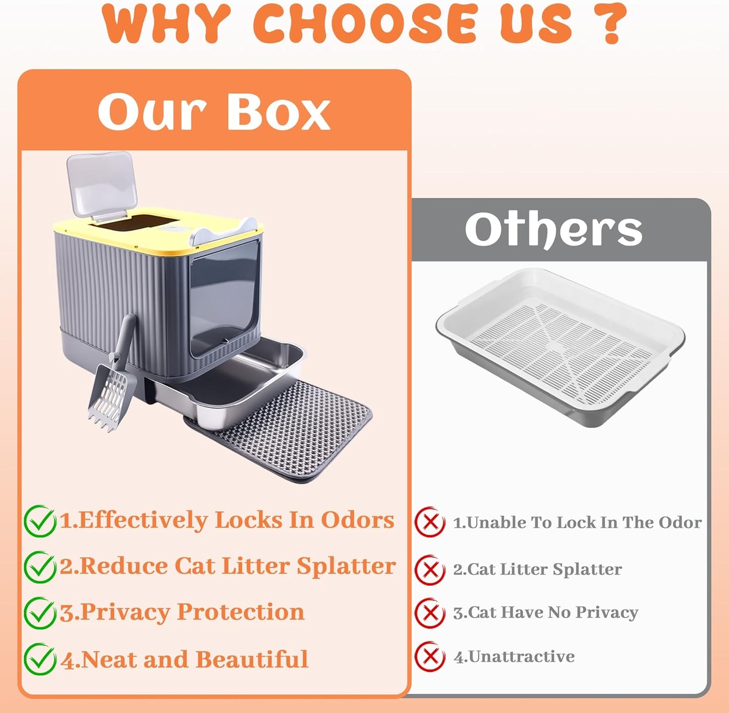 Stainless Steel Cat Litter Box Enclosed, Small, Dual Entry, Pull-Out Tray | Yellow, Small 17.5" x 13.5" x 14.7" enclosed litter box with stainless steel drawer tray, dual entry, mat, and scoop.