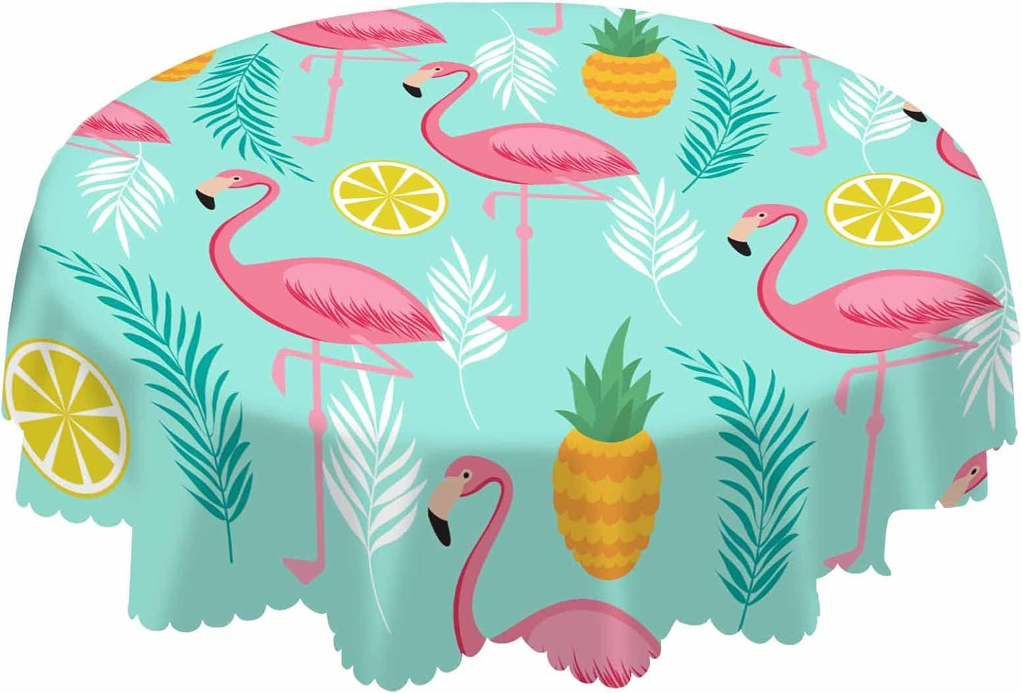 Flamingo Pink Table Cloth Pineapples Lemon Tropical Leaves Exotic Summer Round Tablecloth 60 Inch for Dining Room, Party, Banquet