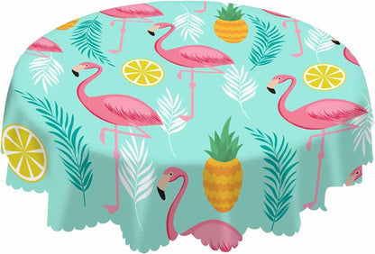 Flamingo Pink Table Cloth Pineapples Lemon Tropical Leaves Exotic Summer Round Tablecloth 60 Inch for Dining Room, Party, Banquet