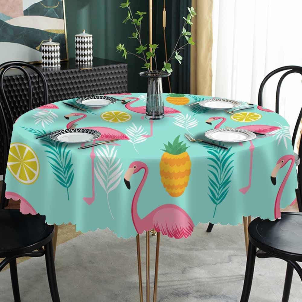 Flamingo Pink Table Cloth Pineapples Lemon Tropical Leaves Exotic Summer Round Tablecloth 60 Inch for Dining Room, Party, Banquet