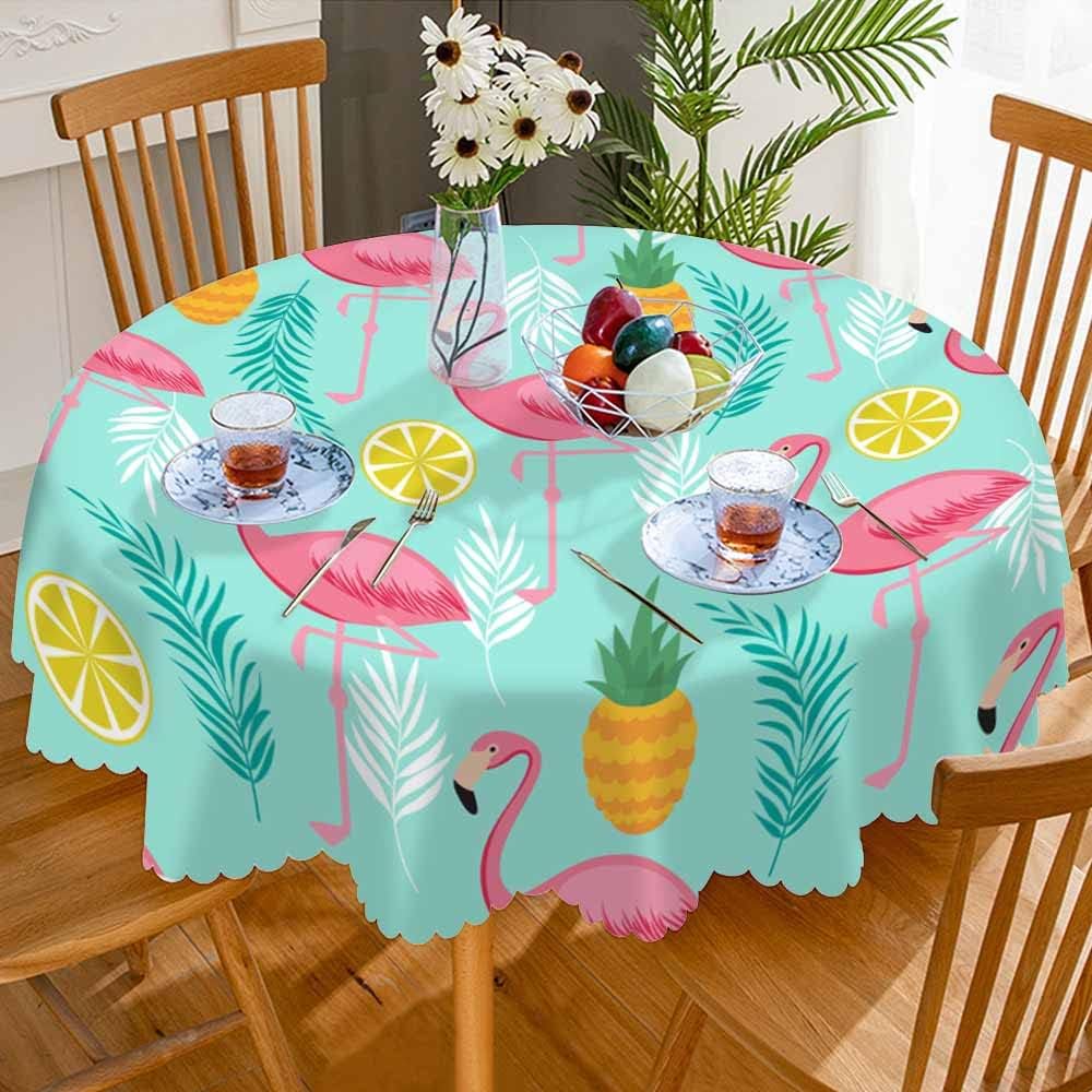 Flamingo Pink Table Cloth Pineapples Lemon Tropical Leaves Exotic Summer Round Tablecloth 60 Inch for Dining Room, Party, Banquet