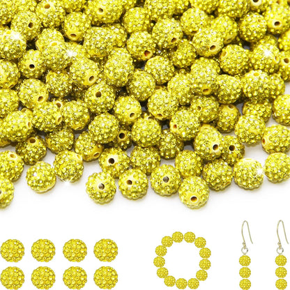 200 Pcs 10mm Rhinestone Beads for Jewelry Making, Yellow Shiny Round Shamballa Disco Baseball Necklace Beads Sparkle Crystal Clay Pave Rhinestones Bead for DIY Bracelet Earring Craft Making Supplies