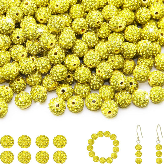 200 Pcs 10mm Rhinestone Beads for Jewelry Making, Yellow Shiny Round Shamballa Disco Baseball Necklace Beads Sparkle Crystal Clay Pave Rhinestones Bead for DIY Bracelet Earring Craft Making Supplies