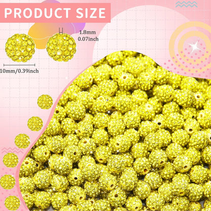 200 Pcs 10mm Rhinestone Beads for Jewelry Making, Yellow Shiny Round Shamballa Disco Baseball Necklace Beads Sparkle Crystal Clay Pave Rhinestones Bead for DIY Bracelet Earring Craft Making Supplies