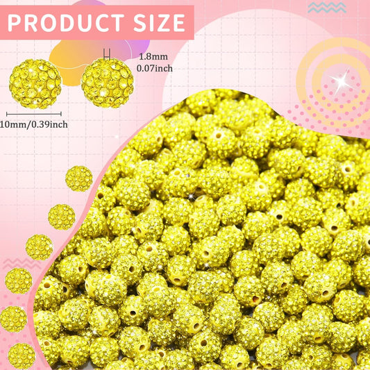 200 Pcs 10mm Rhinestone Beads for Jewelry Making, Yellow Shiny Round Shamballa Disco Baseball Necklace Beads Sparkle Crystal Clay Pave Rhinestones Bead for DIY Bracelet Earring Craft Making Supplies