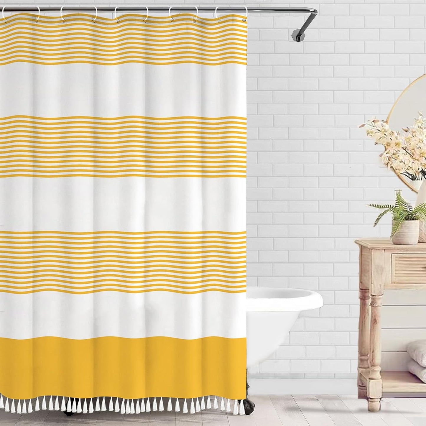Yellow Shower Curtain for Bathroom Boho Striped Fabric Modern Farmhouse Tassel Shower Curtain Sets - 72" x 72"