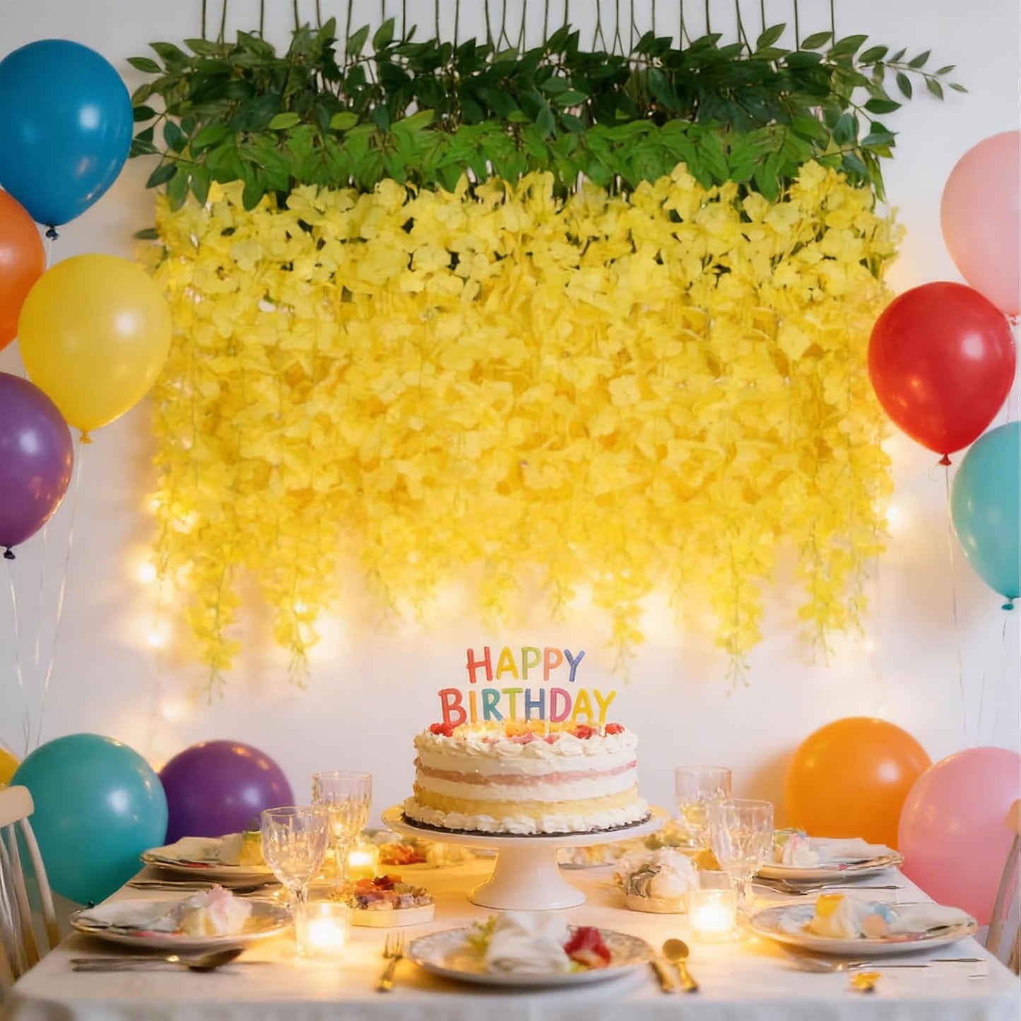 Artificial Wisteria Flowers, White Dense Artificial Fake Wisteria Vine Ratta Hanging Garland Silk Flowers String for Home Party Wedding Decor (24pcs-Yellow)