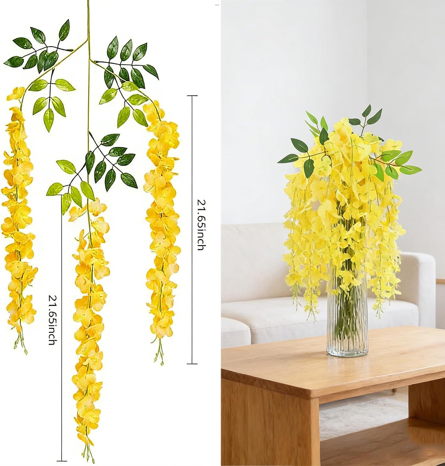 Artificial Wisteria Flowers, White Dense Artificial Fake Wisteria Vine Ratta Hanging Garland Silk Flowers String for Home Party Wedding Decor (24pcs-Yellow)