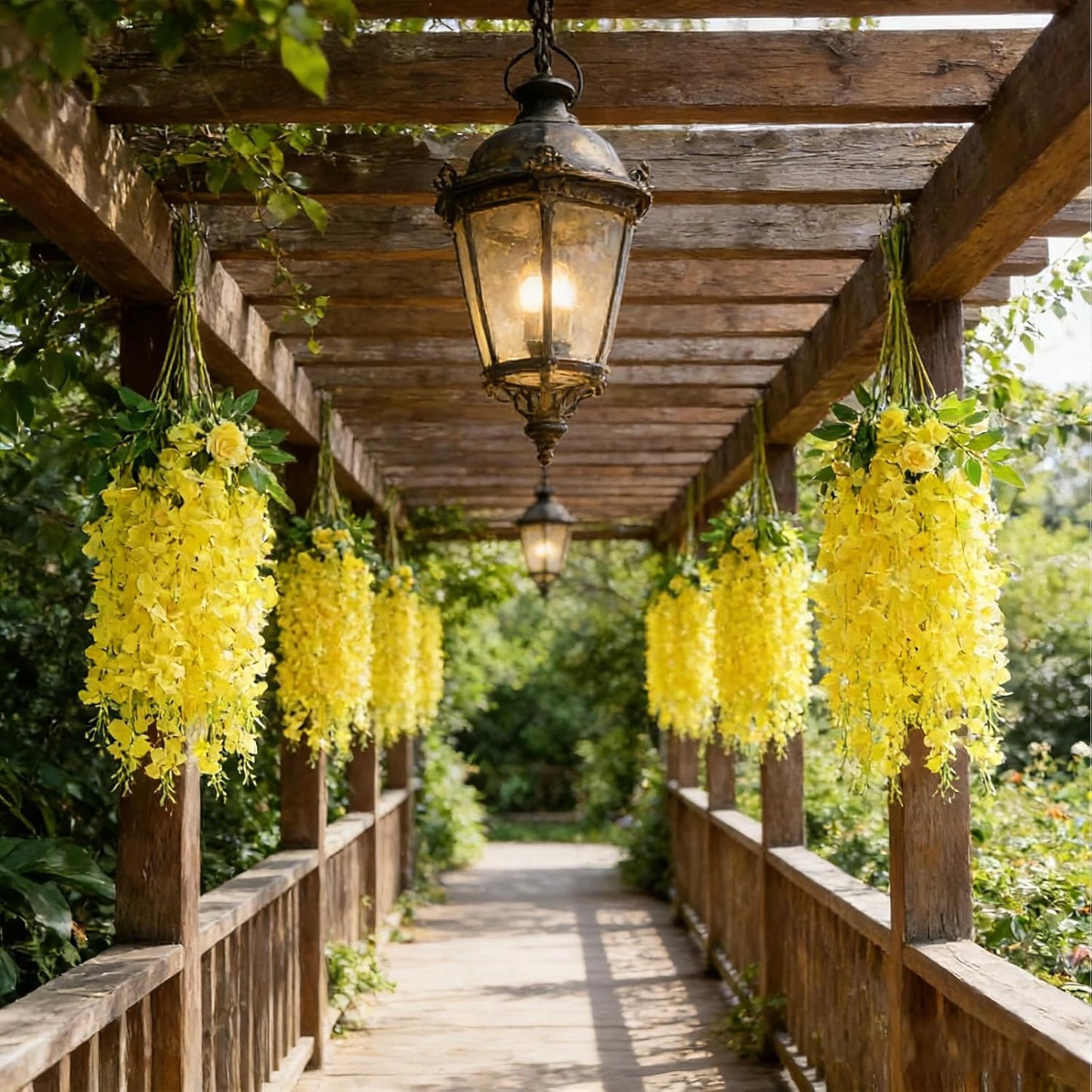 Artificial Wisteria Flowers, White Dense Artificial Fake Wisteria Vine Ratta Hanging Garland Silk Flowers String for Home Party Wedding Decor (24pcs-Yellow)