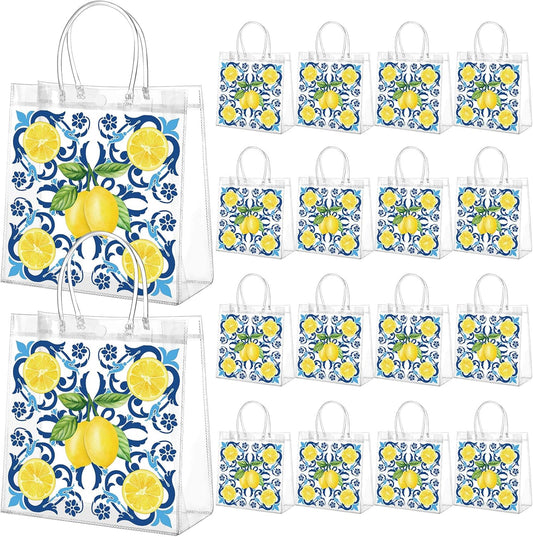 24 Pcs Capri Lemon Party Gift Bags Clear Blue Tiles Lemon Goodie Bags with Handle 8 x 8 x 3.15 Inch Return Gift Wrap Totes Italian Gifts for Women Guests Amalfi Coast Party Birthday Supplies
